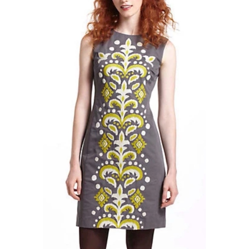 Tabitha Anthropologie Fountain Shift dress gray yellow embroidered sleeveless